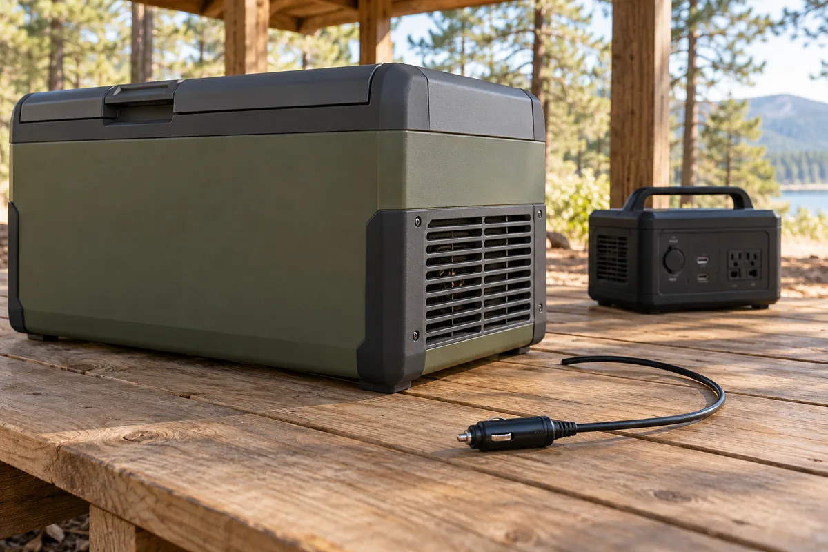 A closed camping fridge with an exposed side ventilation grille and a loose vehicle accessory plug, with a power station farther back.