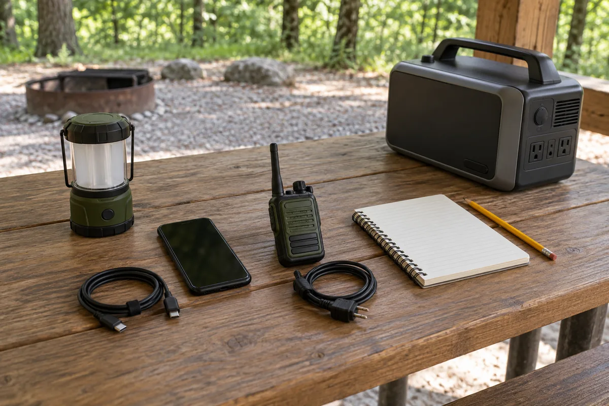 A lantern, smartphone, handheld radio, loose cables and notebook arranged separately beside a portable power station.