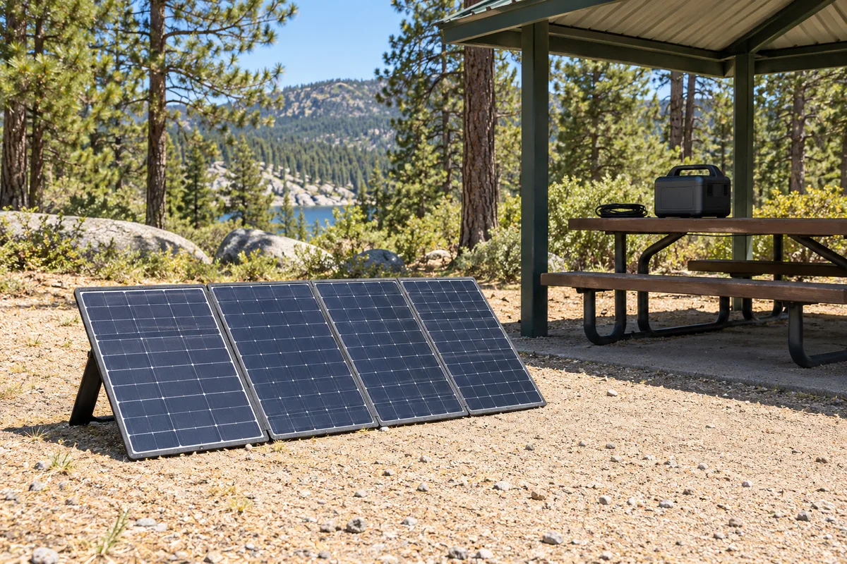 An unfolded solar panel in a sunny campsite clearing, with a portable power station and coiled cable on a sheltered table.