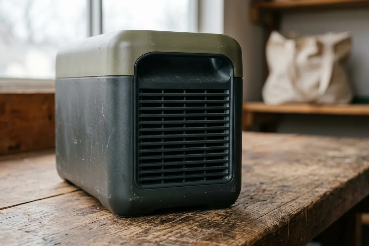 Close view of a portable power station side vent with open space around the casing on a bare wooden bench.