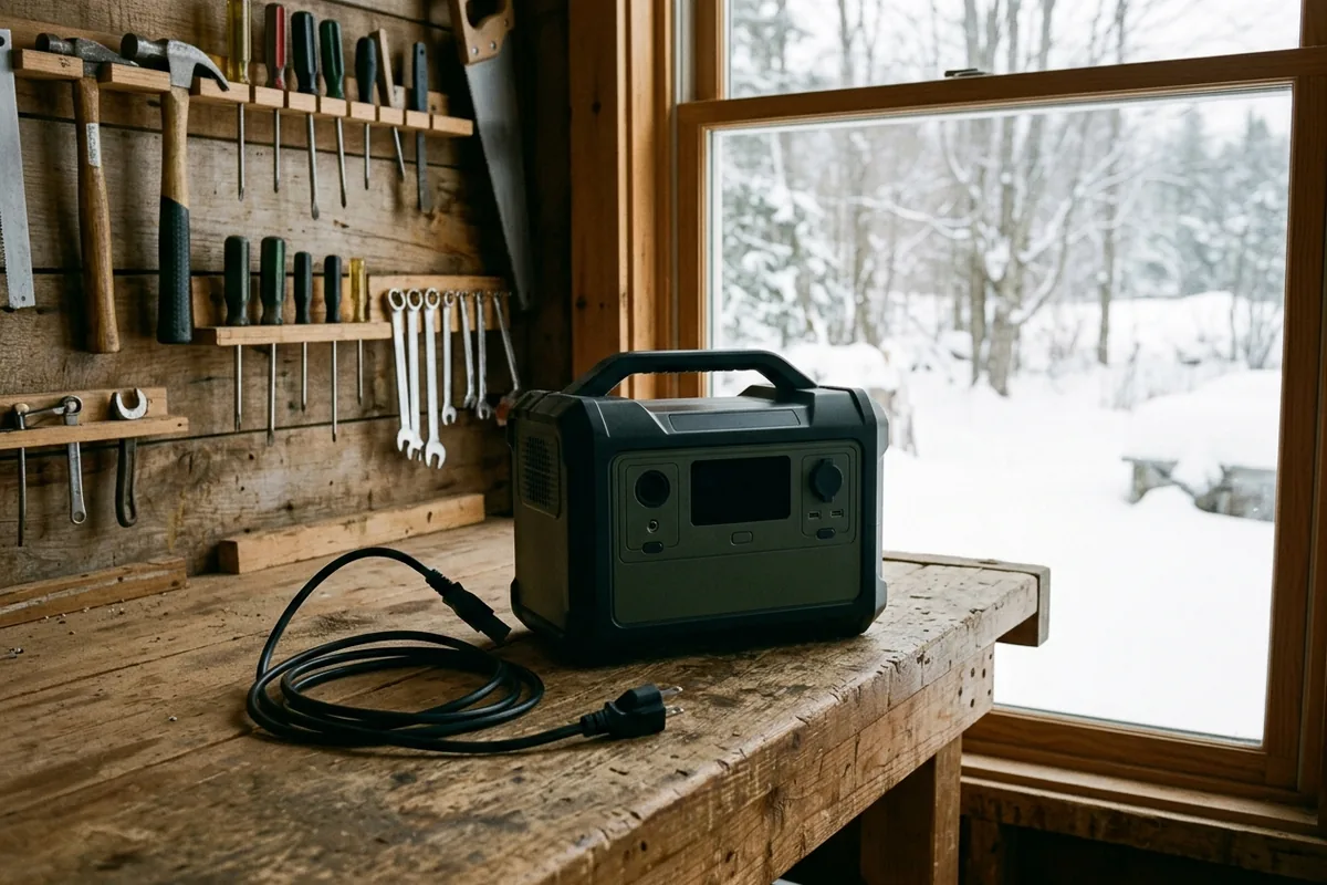 A dark portable power station on a dry indoor bench with a disconnected charging cord beside it and a winter window behind.