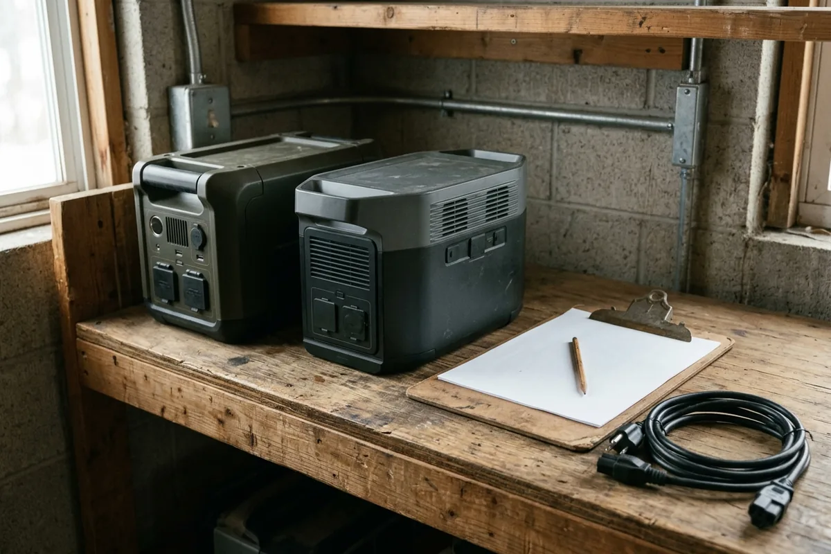 Two separate dark portable power stations on an indoor shelf beside disconnected cords and a clipboard with blank paper.